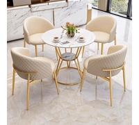 Juego de mesa de comedor redonda blanca con 4 sillas de doble capa de almacenamiento de mármol de imitación, perfecto para oficina, salón y club de café