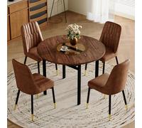 Juego de mesa de comedor redonda con 4 sillones de tela Tech, 100 cm de diámetro, aspecto de madera