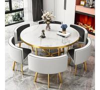 Juego de mesa de comedor redonda con 6 sillas negras de cuero moderno, mesa de conferencia y recepción, elegante mueble de comedor y oficina, diseño que ahorra espacio