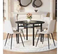 Juego de mesa de comedor redonda de 100 cm, aspecto de madera negra con inserto de cristal y estante, 4 sillas de piel sintética blanca, juego de 5 piezas, moderno, con asiento ancho y patas de metal