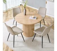 Juego de mesa de comedor redonda de 100 cm, minimalista de MDF con aspecto de madera, con 4 sillas de piel sintética gris, asiento ancho, estructura de metal negro, para comedor y cocina (negro