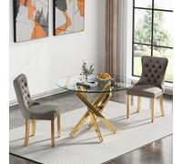 Juego de mesa de comedor redonda de cristal de 3 piezas, mesa de cocina dorada de 36 pulgadas con 2 sillas copetudas grises, elegantes muebles de comedor pequeños, patas cromadas en cruz