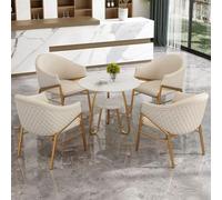 Juego de mesa de comedor redonda de mármol de 5 piezas para 4 sillas de respaldo de poliuretano beige, elegante mueble de recepción para el hogar y la oficina