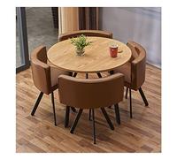Juego de mesa de comedor y silla, mesa de recepción de oficina, mesa de cocina de 5 piezas, silla de cuero vintage, madera maciza, mesa redonda de 90 cm, hotel, vestíbulo, salón, balcón, L (mesa