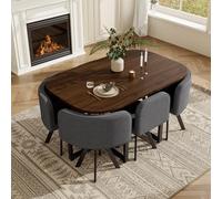 Juego de mesa de comedor y silla para 6 personas, compuesto por una mesa de comedor (140 x 90 cm) y seis sillas de lino, adecuadas para cocinas y comedores (tablero de madera de nogal + sillas gris)