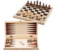 Juego de mesa de madera 3 en 1 de The Magic Toy Shop, compendio de juegos de viaje, ajedrez, damas y backgammon.