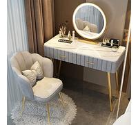 Juego de mesa de maquillaje con espejo iluminado de 3 colores y taburete acolchado, tocador de dormitorio familiar con construcción de madera maciza, almacenamiento de división, regalo para mujer,