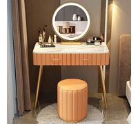 Juego de mesa de maquillaje con taburete acolchado de espejo LED de 3 colores y división de almacenamiento, escritorio de tocador de madera maciza para dormitorio, regalo de mujer, silla naranja, 31.5