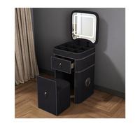 Juego de mesa de maquillaje con taburete, espejo LED ajustable, diseño compacto, acabado de piel sintética, perfecto para espacios pequeños, tocador negro con almacenamiento