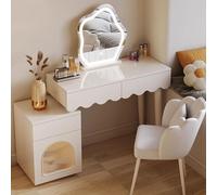 Juego de mesa de maquillaje de madera blanca con espejo LED HD, 1 armario de almacenamiento y 3 cajones, moderno tocador para dormitorio (31.5 x 15.7 x 29.1 pulgadas)