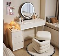 Juego de mesa de maquillaje iluminada con espejo redondo y taburete de almacenamiento, incluye polvorín y cubo de almacenamiento, perfecto para entusiastas de la belleza y amantes del glamour