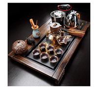 Juego de mesa de té de madera maciza de Kung Fu, juego de mesa de ceremonia de té de cerámica china con calentador de agua automático, bandeja para servir té con almacenamiento de agua de drenaje