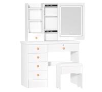 Juego de mesa de tocador de brillo ajustable con espejo iluminado, tocador de 6 cajones y almacenamiento oculto, elegante escritorio de maquillaje para dormitorio y dormitorio del hogar con cómodo