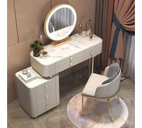 Juego de mesa de tocador de madera maciza con espejo iluminado ajustable y taquilla, escritorio de tocador de maquillaje con taburete acolchado para dormitorio y vestidor, juego de tocador de 31.5
