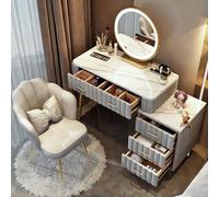 Juego de mesa de tocador LED ajustable de 100 a 130 cm, escritorio de maquillaje de madera con 5 cajones, resistente al agua, espejo de mesa UV y divisores para almacenamiento nizado, perfecto para