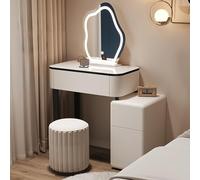 Juego de mesa de tocador LED con 3 cajones y almacenamiento, consola de tocador de maquillaje con taburete acolchado, muebles de dormitorio blancos, 3 colores de iluminación para un maquillaje