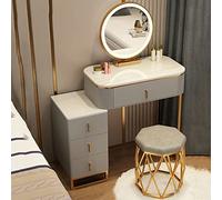Juego de mesa de tocador LED con espejo con sensor táctil, 4 cajones, taburete acolchado y armario de almacenamiento, escritorio de maquillaje compacto de 70 cm para decoración elegante de dormitorio
