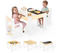 Juego de Mesa Infantil Multifuncional 4 en 1: Tablero extraíble con Pizarra y Pizarra Blanca, e Incluye 2 sillas de Madera Maciza, Ideal para Dibujar, Aprender y Jugar