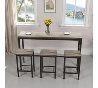 Juego de mesa larga de 148 cm con 3 estantes, diseño moderno, mesa de comedor, pub, mesa de comedor larga con 3 taburetes, fácil montaje, color marrón y gris