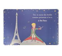Juego de mesa Le Petit Prince en París cerca de la Torre Eiffel y sosteniendo un pájaro cerca de volar - Fondo Azul con estrellas Todo Alrededor