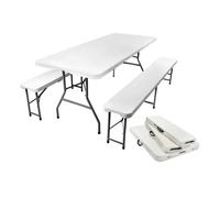 Juego de mesa plegable con 2 bancos, 3 piezas, estructura de acero, color blanco, para camping, jardín, terraza, picnic