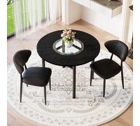 Juego de mesa redonda minimalista con 2 sillones de poliuretano negro de 100 cm con efecto madera negra con inserto de cristal y estante de cristal, respaldo ergonómico, para comedor, salón, cocina