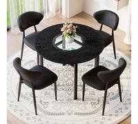 Juego de mesa redonda minimalista con cuatro sillones, respaldo ergonómico curvado, asiento acolchado de poliuretano, construcción de metal estable, tapa de cristal con estante integrado (negro, 5)