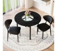 Juego de mesa redonda minimalista con cuatro sillones, respaldo ergonómico curvado, asiento acolchado de poliuretano, construcción de metal estable, tapa de cristal con estante integrado (negro, 3)