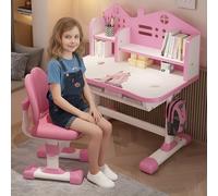 Juego de mesa y silla de estudio para niños, escritorio de altura ajustable con cajón de almacenamiento y estantes, para estudiar, leer, dibujar, para niños de 3 a 12 años (rosa)