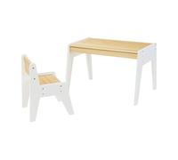 [en.casa] Juego de Mesa y Silla Infantil Skinnskatteberg de Diseño Uniforme Escritorio Elegante para Niños con Cajón y Taburete Madera de Pino - Natural/Blanco