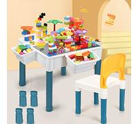 Juego de Mesa y Silla para niños 6 en 1 Mesa de Juego para niños, 51 x 51 cm Tablero de Doble Cara con 292 Bloques de construcción, Mesa multiactividades para niños con 1 Silla para niños