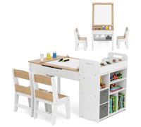 Juego de Mesa y Sillas para Niños con Rollo de Papel, Escritorio de Actividades con Panel de Dibujar, Estantes de Almacenaje, Cajas y Organizador para Dibujo, Estudio (Natural)