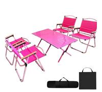 Juego de mesa y sillas plegables de camping portátil y plegable, mesa de barbacoa enrollable de acero al carbono con bolsa de almacenamiento (1 mesa roja rosa + 4 sillas rojas rosas)