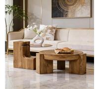 Juego de mesas de café - Diseño moderno MDF aspecto madera / vidrio templado marrón - Apilable y separable para un uso flexible en el salón.