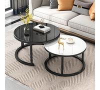 Juego De Mesas De Centro Redondas De Cristal, Moderna Mesa Auxiliar Redonda Apilable para Sala De Estar con Tablero De Metal Resistente Y Alto Brillo para Sofá, Dor,Czarny+White