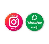 Juego de mezcla: 1 Instagram en inglés y 1 pegatina Whatsapp NFC. Conecta instantáneamente, comparte tus perfiles, inicia chats con un solo toque. Totalmente personalizable. 3 cm de diámetro. Adhesivo