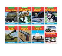 Juego de mini-enciclopedia para niños (Мини-энсиклопедии набор «Для мальчиков») - Ilustraciones coloridas sobre vehículos, dinosaurios, espacio