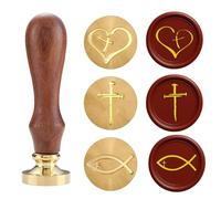 Juego de mini sellos de cera cristianos - 3 cabezas de latón con cruz corazón, Dios bendiga e símbolos de Ichthys | Mango de madera | Perfecto para diarios de oración, cartas, notas de estudio bíblico