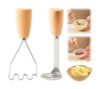Juego de mini triturador de acero inoxidable de alto rendimiento, puré de patatas con mango de madera, herramienta de cocina para patatas, aguacate, frijoles, carne, verduras (2 piezas)