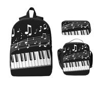 Juego de mochila con teclado de piano para niñas y niños con bolsa de almuerzo, estuche para lápices, notas musicales, 3 piezas, bolsas escolares, lonchera aislada, regalos para mujeres y hombres