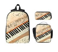 Juego de mochila con teclado de piano vintage para niñas y niños con bolsa de almuerzo, estuche para lápices, notas musicales retro, 3 piezas, bolsas escolares, lonchera aislada, regalos para mujeres
