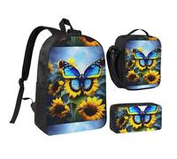 Juego de mochila de 17 pulgadas con diseño de mariposa azul girasol, bolsa de almuerzo, estuche para lápices, bonito estampado, tela Oxford duradera.