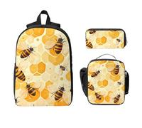 Juego de mochila de abeja animal para niñas y niños con bolsa de almuerzo, estuche para lápices, colmena, panal, 3 piezas, bolsas escolares, lonchera aislada, regalos para mujeres y hombres