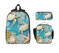 Juego de mochila de coral de tortugas marinas para niñas y niños con bolsa de almuerzo, estuche para lápices, estilo retro, náutico, 3 piezas, bolsas escolares, lonchera aislada, regalos para mujeres