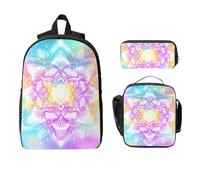 Juego de mochila de mandala arcoíris para niñas y niños con bolsa de almuerzo, estuche para lápices, flores étnicas, 3 piezas, bolsas escolares, lonchera aislada, regalos para mujeres y hombres