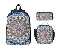 Juego de mochila de mandala colorida para niñas y niños con bolsa de almuerzo, estuche para lápices, flores étnicas, 3 piezas, bolsas escolares, lonchera aislada, regalos para mujeres y hombres