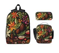 Juego de mochila de plantas de cacao para niñas y niños con bolsa de almuerzo, estuche para lápices, hojas y flores, 3 piezas, bolsas escolares, lonchera aislada, regalos para mujeres y hombres