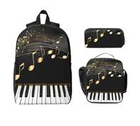 Juego de mochila dorada con notas musicales para niñas y niños con bolsa de almuerzo, estuche para lápices, teclado de piano, 3 piezas, bolsas escolares, lonchera aislada, regalos para mujeres y