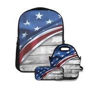 Juego de mochila escolar, diseño de bandera americana, diseño de bandera sobre tablero ondulado rústico antiguo, arte rústico federal, con bolsa de almuerzo y estuche para lápices, para niñas, niños