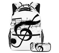 Juego de mochila escolar para adolescentes, mochila con estuche para l醦ices para primaria, secundaria, secundaria, clave de m鷖ica negra con salpicaduras de tinta
